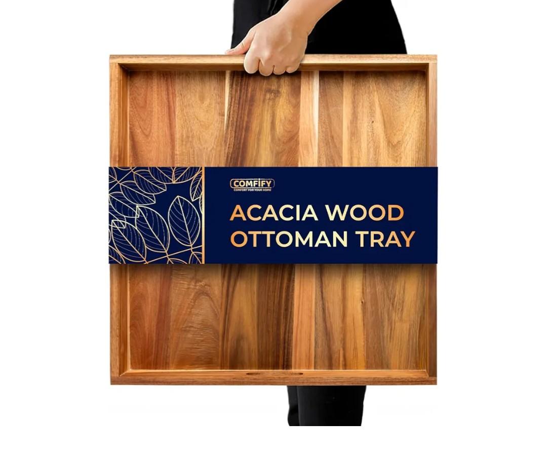 Extra Large (22") Square Premium Acacia Wood Ottoman Tray with Handles - Use for Serving Food in Style for Dinner, Breakfast, Snacks, BBQ, Entertaining Guests & More - Brown
