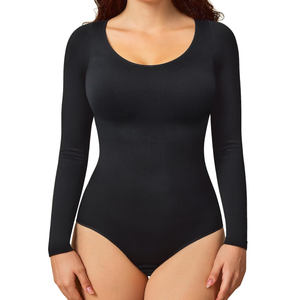 BRABIC Long Sleeve Bodysuit for Women Tummy Control Shapewear Seamless Round Neck Body Shaper Top (Medium, Black Long Sleeve)