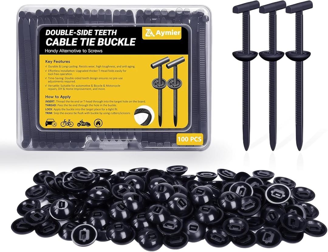 Upgraded Nylon Universal Cable Tie Buckles - Nylon Zip Ties Holders Kit, Automotive Zipper Clips Self-Locking T Rivet Zipties for Car Fender Trunk Bumper Repair, Home & Garage(100Pcs)