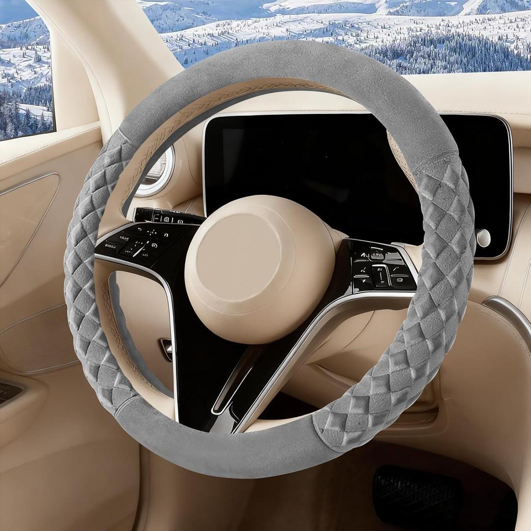 Premium Gray Diamond Patterned Plush Steering Wheel Cover, for Universal Auto Steering Wheel 14.5-15 in, Short Fluffy, Anti-Slip, Soft Plush, Comforting and Luxurious, Odorless, Soft Texture