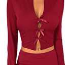 MakeMeChic Women's Bow Decor Rib Knit Top Cut Out Tee Shirt Tie Front Long Sleeve Slim Fitted Crop Tops (Red, M)