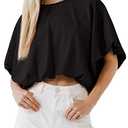 Women's Crewneck Crop Tops Short Sleeve Casual Loose Cropped T Shirts (Black, Small)