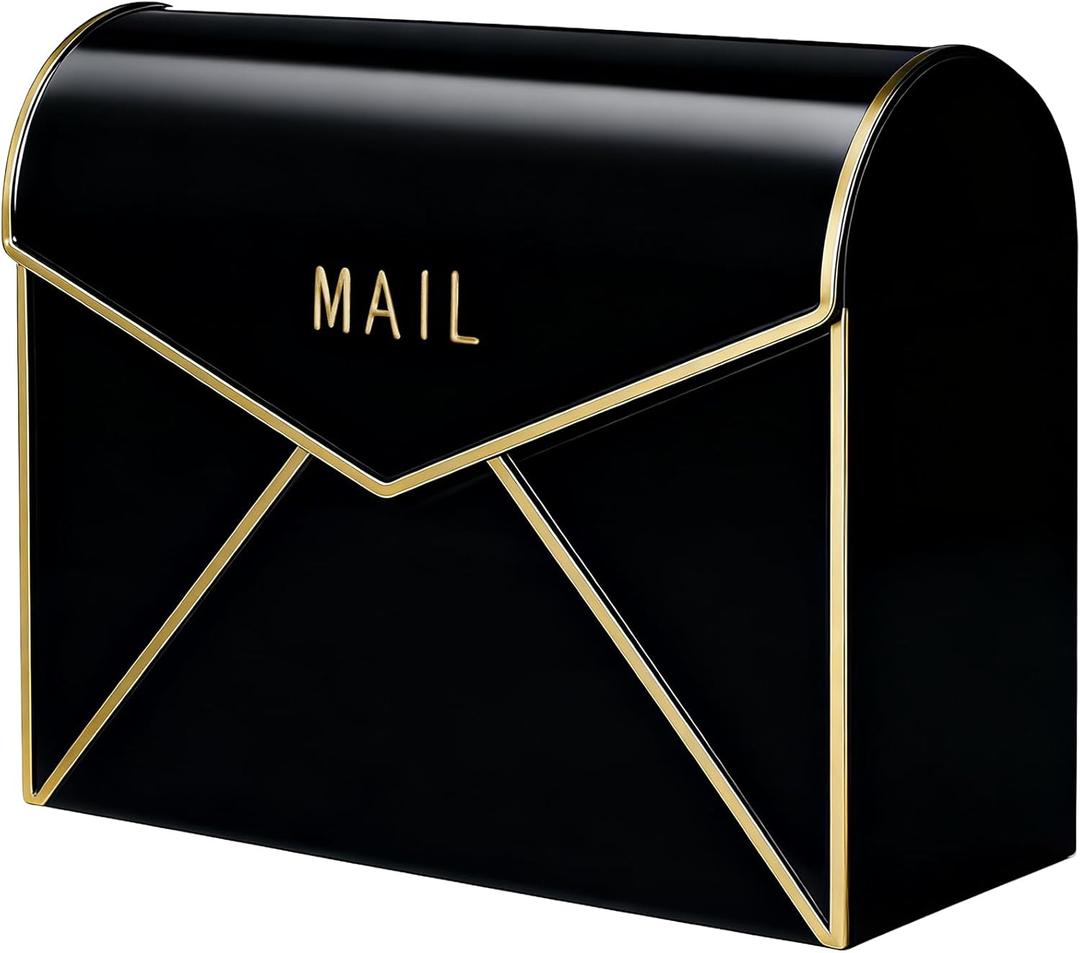 Kathfly Wall Mount Mailbox Waterproof Rustproof Metal Mail Holder 12.6" W x 4.7" D x 10.2" H Large Wall Mounted Gold Trim Mail Envelope Post Box for Outside House Office Porch Outdoor Use(Black)