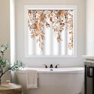 Shower Window Curtain, Watercolor Brown Eucalyptus Small Short Waterproof Bathroom Window Curtain with Hooks, 48x48 Inch