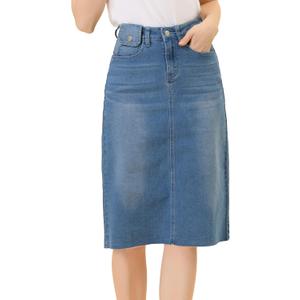 Allegra K Women's Casual Jean Skirt Back Slit Raw Hem Stretch High Waist Denim Skirts (Medium)