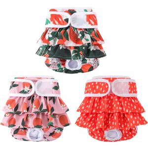 Reusable Dog Diapers Female 3 Pack Washable Premium Highly Absorbent Doggie Diapers, Flexible Puppy Diapers, Durable Leak-Proof Fruit Dog Diapers for Period Heat Incontinence Puppy Training, S