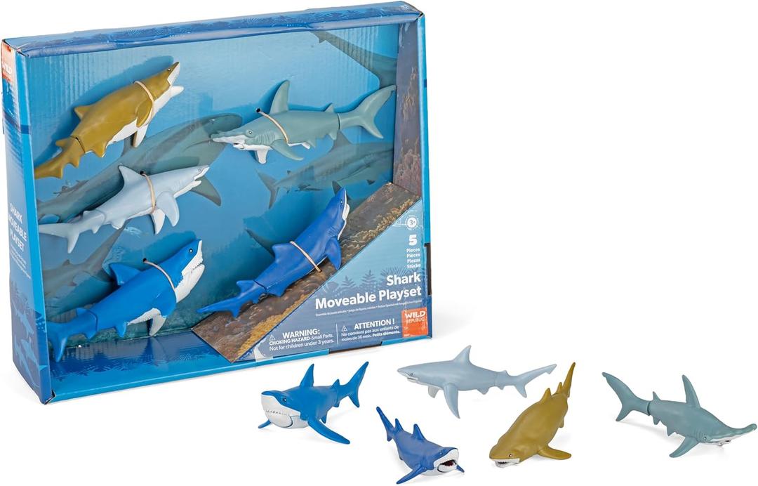 Wild Republic Shark Moveable Action Playset, Aquatic Animals, Kids Gifts, Sea Creatures, 5-Pieces