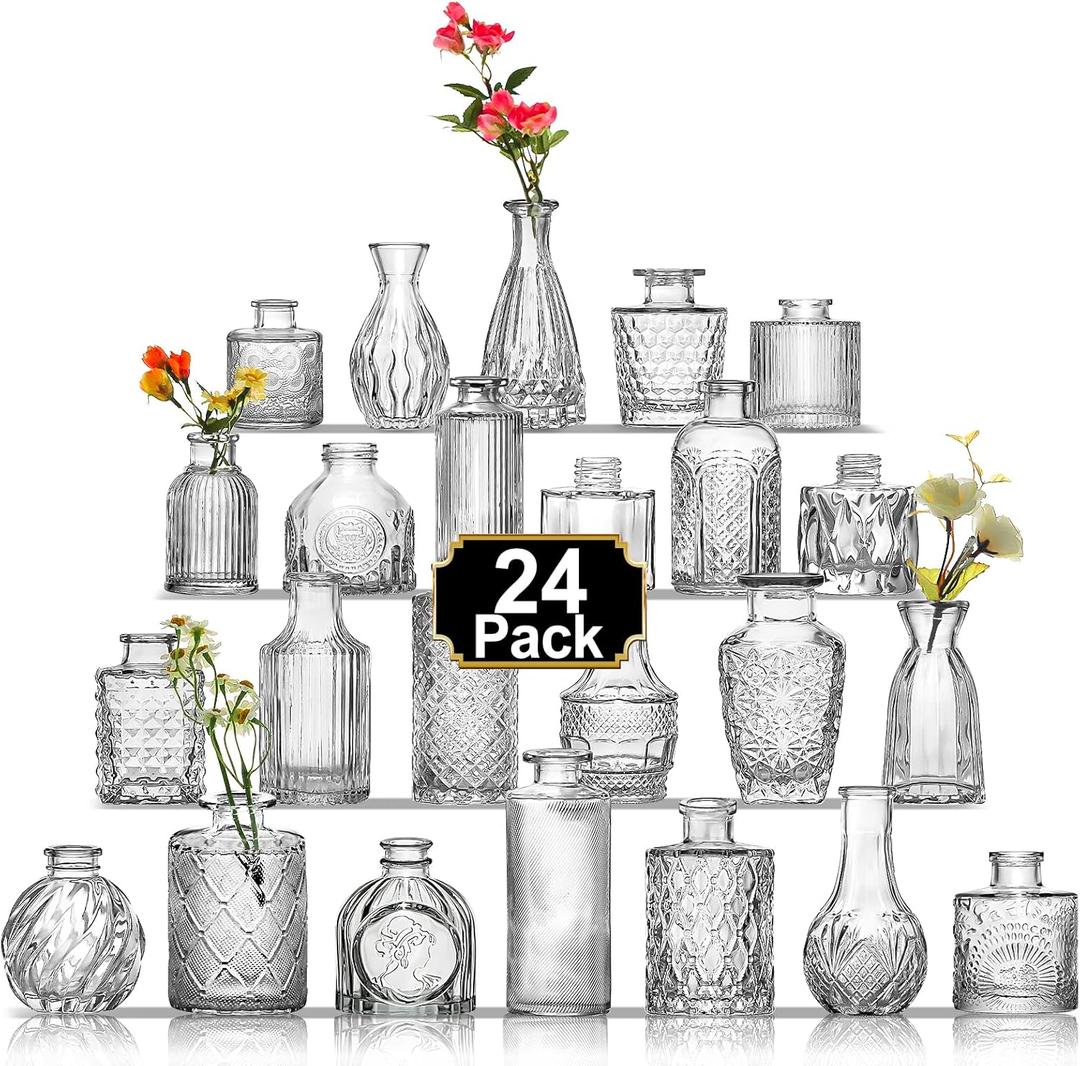 Aheroi 24 Pcs Bud Vase Set, Small Glass Vases for Centerpieces, Cute Vintage Flower Vase Bulk Bud Vases for Centerpieces, Mini Wedding vases Set for Table Decorations, Room Office Table Decor
