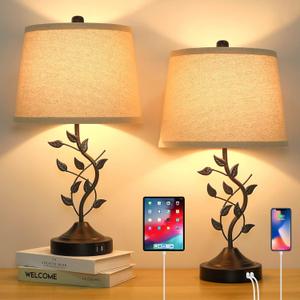 3-Way Dimmable Touch Table Lamps for Living Room Set of 2 Traditional Lamps for Bedroom with 2 USB Charging Ports Bedside Nightstand Lamps for Reading Retro Vine Lamps End Table Office, Bulbs Included (Black+Cream)