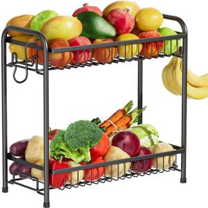 Fruit Basket for Kitchen Counter, Extra Large Fruit Bowl with Banana Hangers, 2 Tier Fruit Holder Stand Countertop Organizer for Vegetable Onion Potato Bread Snack Produce Storage and Display, Black