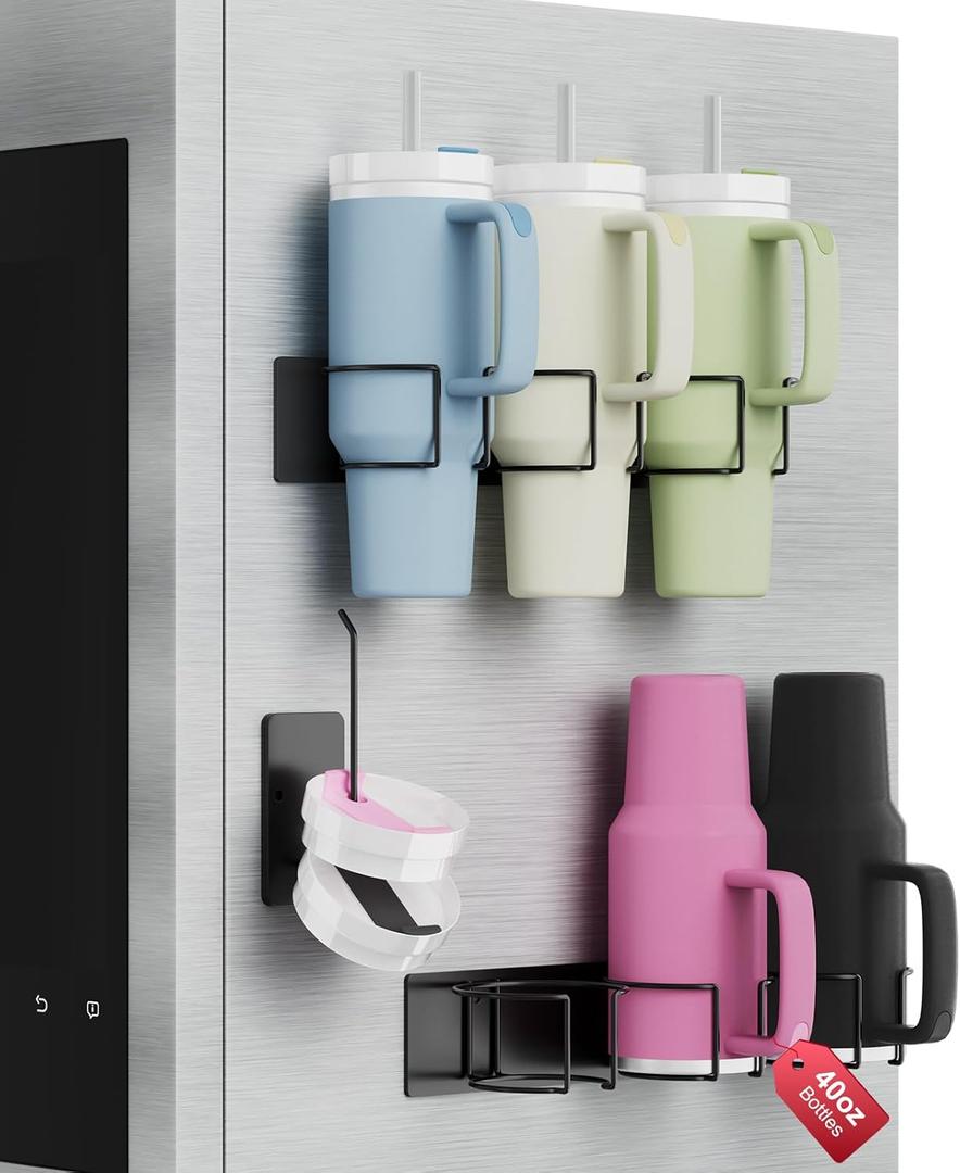 Magnetic Stanley Cup Holder for Refrigerator, Water Bottle Organizer for Stanley 40 oz with Tumbler Lid Organizer, Hanging Kitchen Organizers and Storage for Stanley Cup Accessories