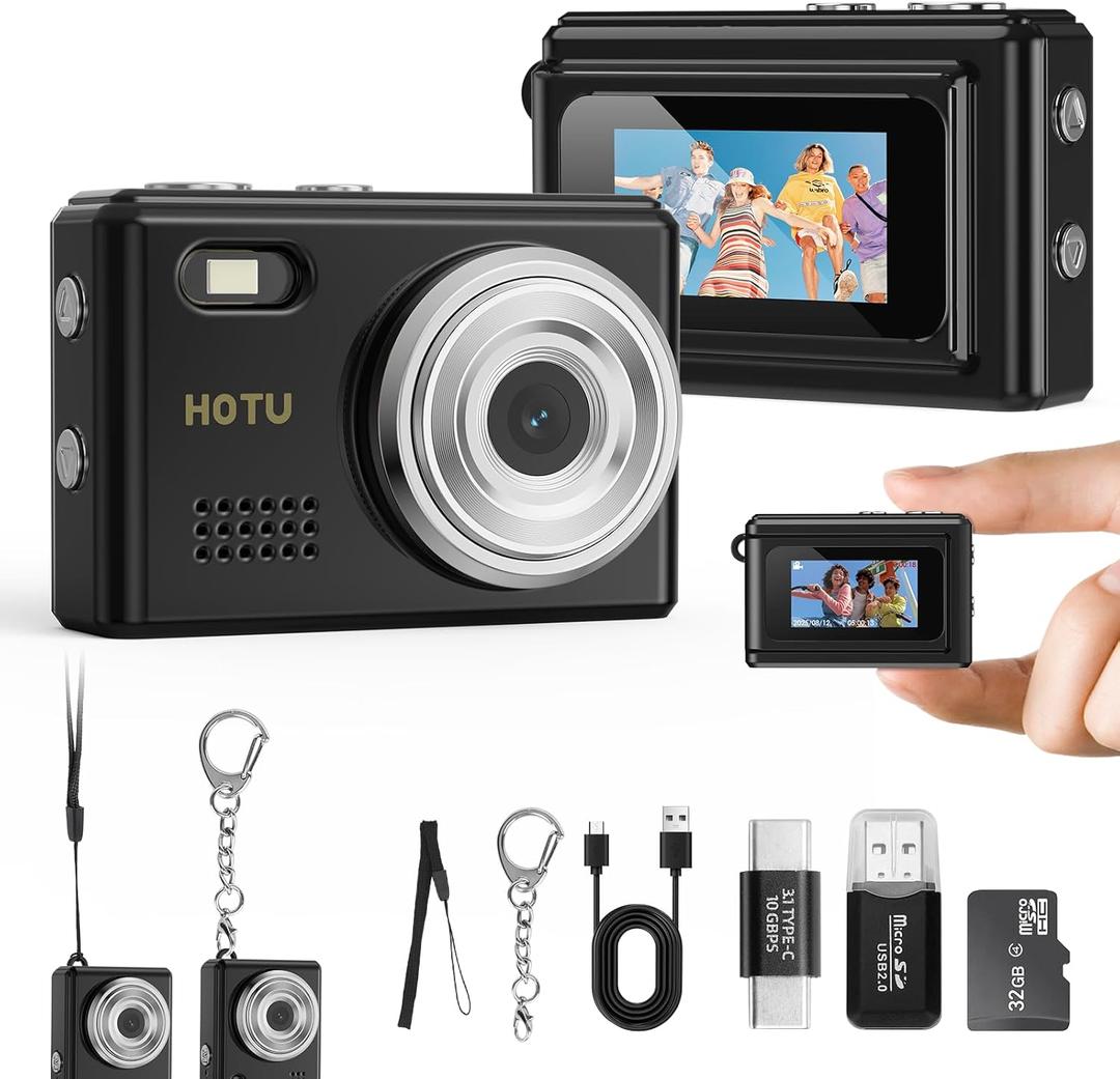 HOTU Mini Keychain Digital Camera, Y2K Pocket-Size Mini Camera, 2MP 1080P Small Camera with 32GB Card, Video Recorder with Long Battery Life for Travel, Party and Vlog (Black)