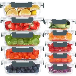 KOMUEE 10 Pack Glass Food Storage Containers, Meal Prep Containers with Lids, Airtight Glass Lunch Boxes, Freezer, Oven, and Microwave Safe (Gray)