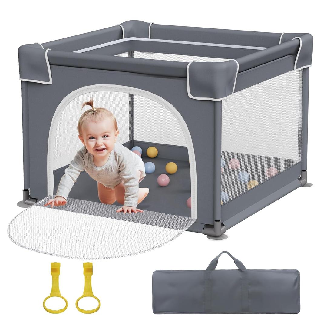 Jixrolyn Small Playpen for Babies and Toddlers, 36"x36", Soft Breathable Mesh, Anti-Slip Base, Mini Baby Play Yard with Pull-Up Ring (Dark Grey)