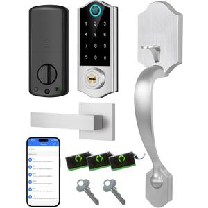 Harfo Fingerprint Smart Door Lock for Front Door with Handle Set, App Control, Keyless Entry Keyless Deadbolt, Digital Electronic Touchscreen Keypad, Auto Lock, Satin Nickel