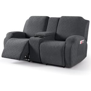 VANSOFY Recliner Loveseat Cover with Middle Console Stretch Reclining Sofa Slipcover for 2 Seat Jacquard Reclining Couch Sofa Covers Furniture Protector with Elastic Straps Bottom (Black Gray)