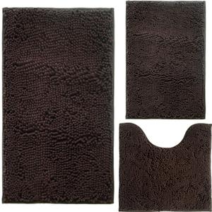Bathroom Rugs Chenille 3-Piece Extra Soft and Absorbent Shag Bathroom Rugs, Machine Wash Mat, Strong PVC Non-Slip Underside, Plush Carpet Mats (Coffee) 2'8" x 1'8" (16x24"+20x32"+20x20"U Shape）
