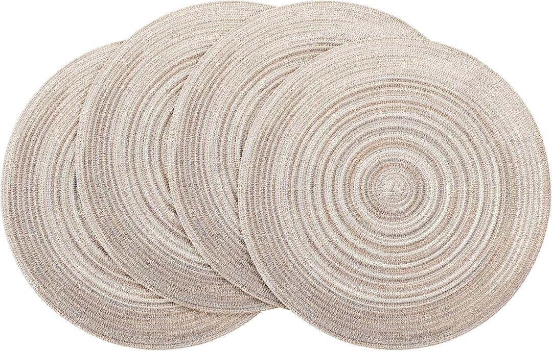 Floroom 15 Inch Round Braided Placemats Set of 4, Washable Heat Resistant Cotton Polyester Circle Place Mats for Kitchen Dining Table - Rainbow Gray