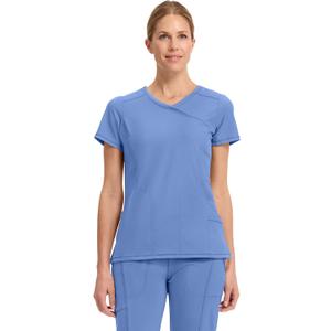 Cherokee Infinity Womens Mock Wrap Scrub Top, 4 Pockets, Rib-Knit Panel, Moisture-Wicking 360 Stretch - 2625A (Medium, Blue)
