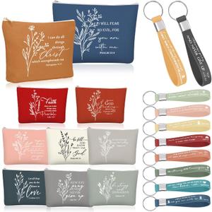 Fumete 20 Set Grandparent Day Gift for Church Women Inspirational Bible Keychains and Boho Canvas Makeup Bags Religious Gifts for Church Sunday School Teacher Mom (Bright Color)