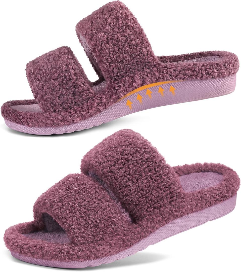 Litfun Women's Fuzzy House Slippers with Moderate Arch Support Open Toe Cozy Bedroom Shoes Indoor, 39