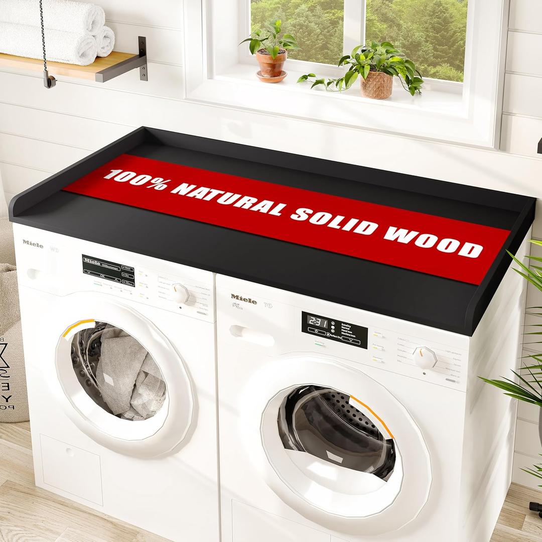 Avana (100% Natural Solid Wood Washer Dryer Countertop  Black Pine Laundry Countertop with Raised Edges, 54 x 27.5 Counter Top for Washer and Dryer, Laundry Room Organizer & Tabletop