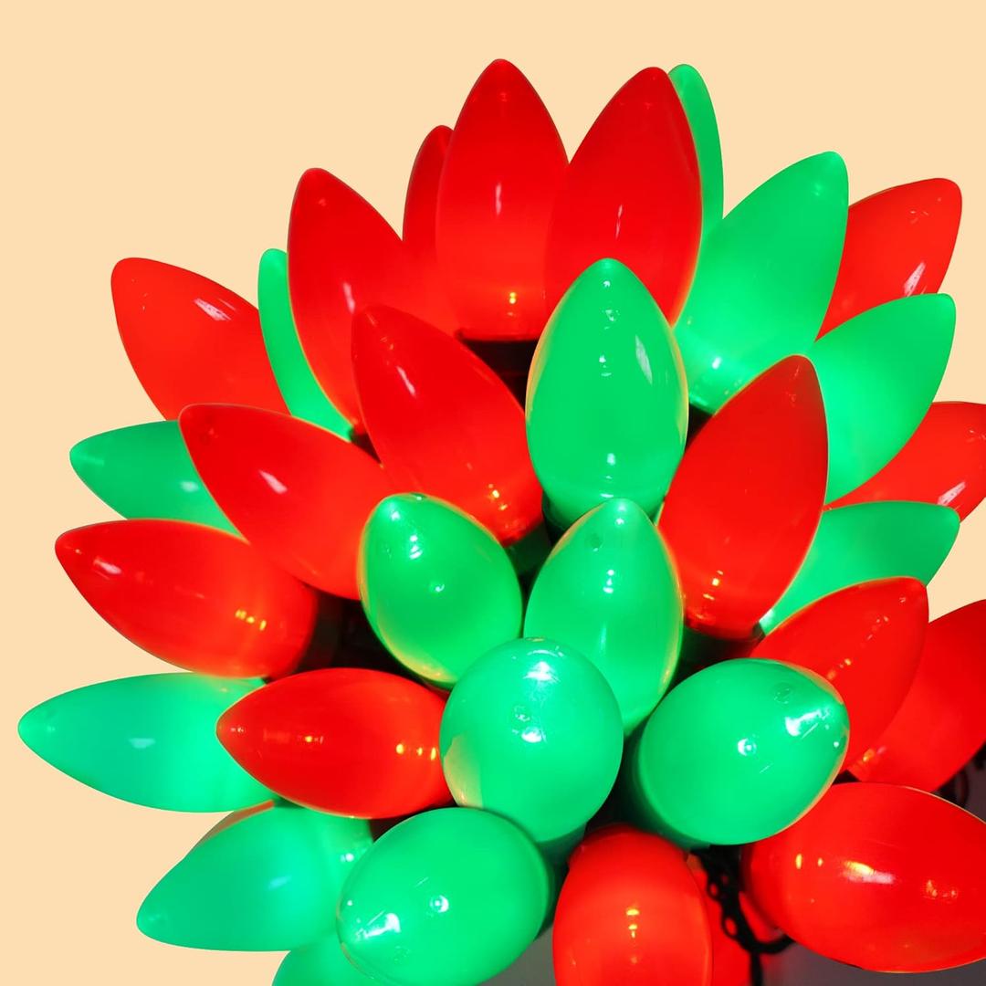 C9 Christmas String Lights - 50 LED 39Ft Outdoor Smooth Bulb Lights with Timing Function, Extendable, 8 Modes Fairy Lighting for Patio Party Dorm Home Wreath Christmas Decorations - Red Green