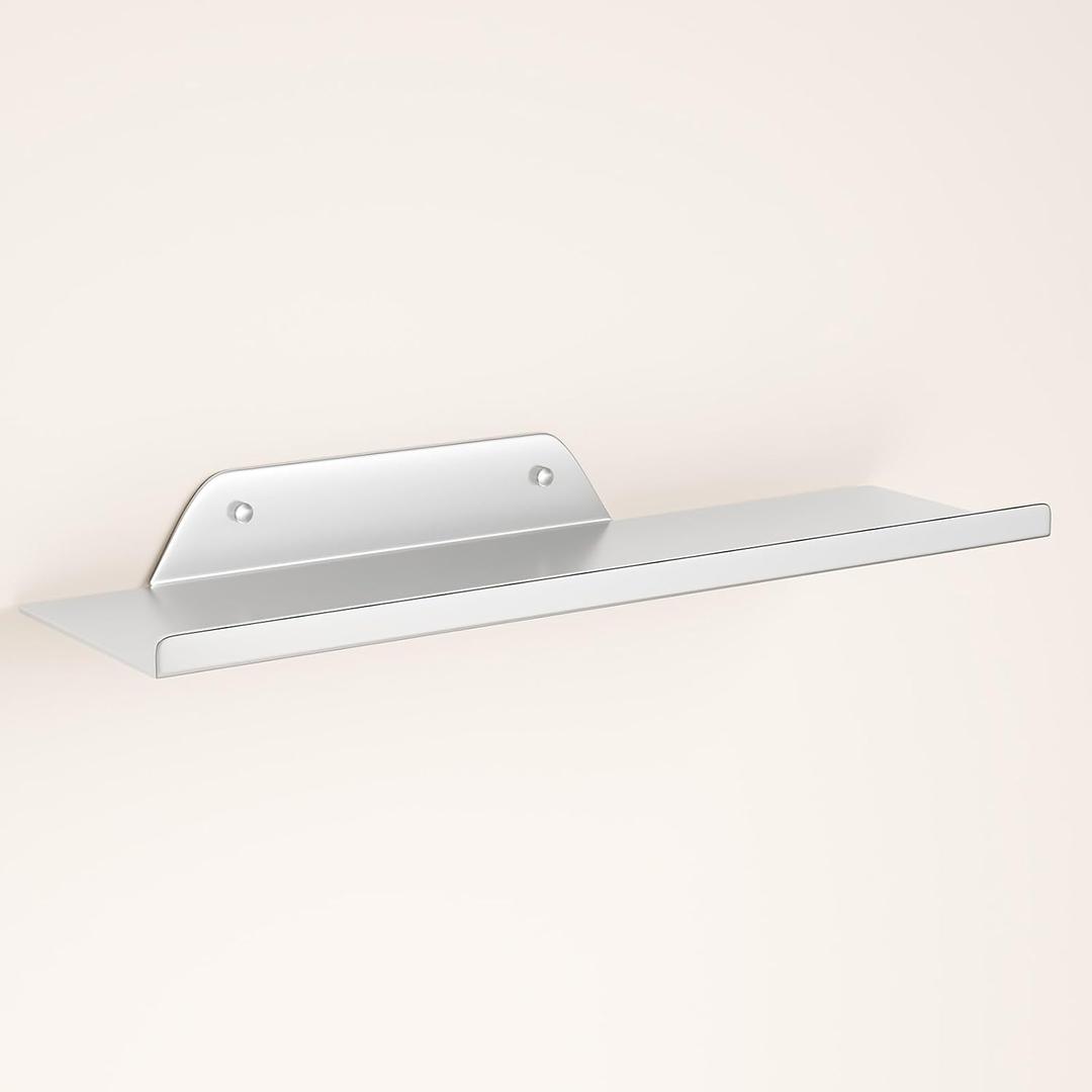 Floating Shelf for Wall, Off Center Metal Shelf for Decor, Modern Wall Shelf for Storage with Lip, Hanging Shelf for Living Room Bedroom Bathroom Kitchen Plants(Silver, 12")