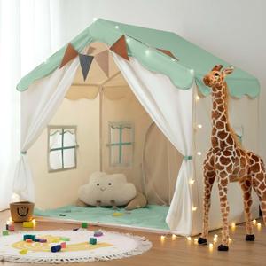 BESREY Kids Play Tent - 2 in 1 with Padded Mat & Lights, Large Playhouse with 2 Doors & 4 Windows, Indoor & Outdoor, Christmas Toddler Play Tent, 51" x 35" x 51 (Green)