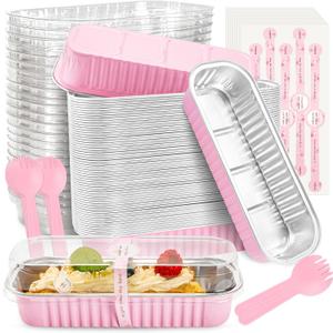 Mini Loaf Pans with Lids and Spoons Rectangular Aluminum Foil Baking Pans Mini Cheesecake Containers 6.8oz(60 Pack, Pink)