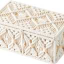 Boho Macrame Storage Basket with Lid Organza Gift Bags Decorative Wood Beads Bohemian Jewelry Box Bin Handmade Woven Natural Cotton Desk Makeup Organizer Shelf Container (Small Size)
