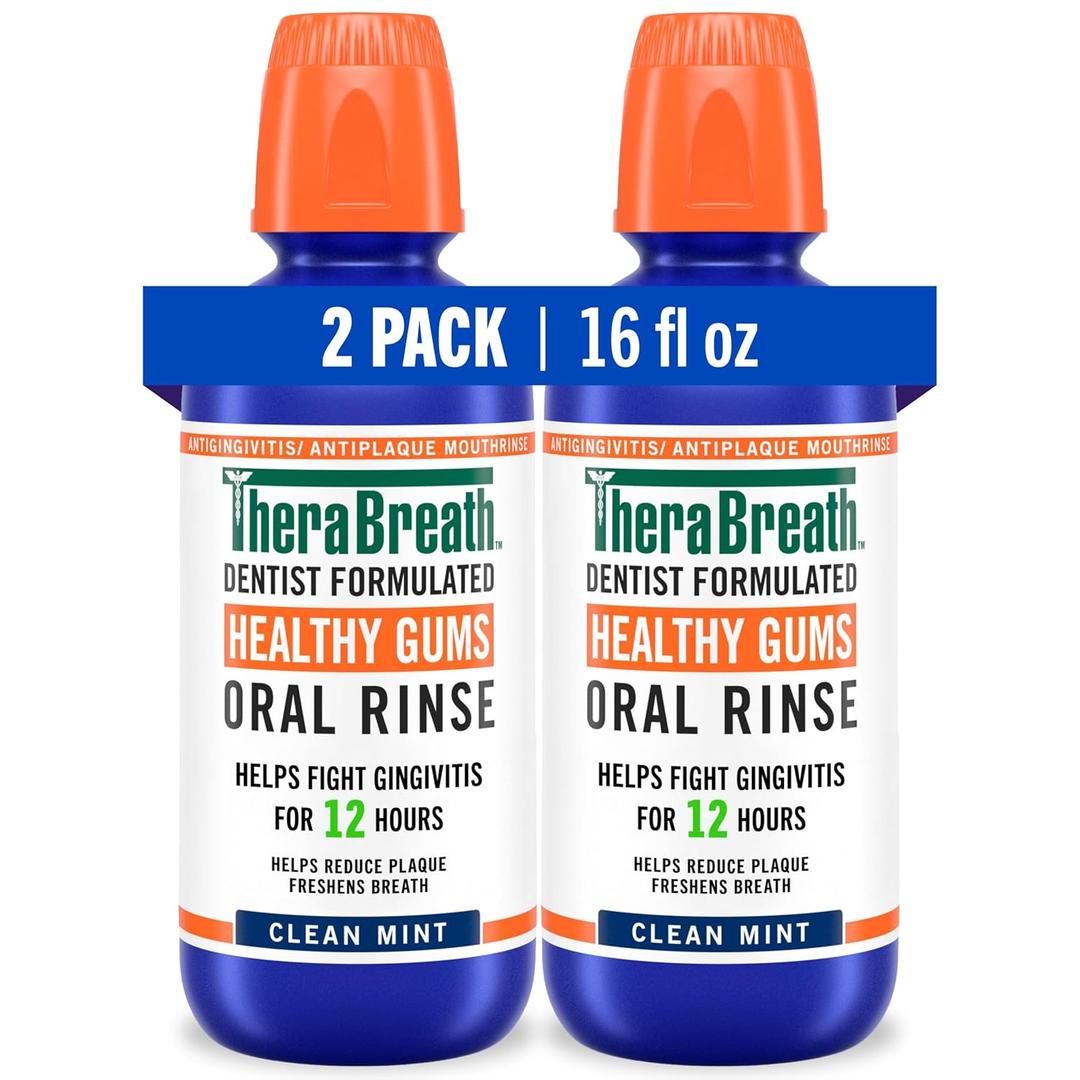 TheraBreath Healthy Gums Oral Rinse, Antigingivitis, Clean Mint Flavor, Dentist Formulated to Help Prevent Gingivitis and Support Gum Health, Alcohol Free, 16 Fl Oz (Pack of 2)