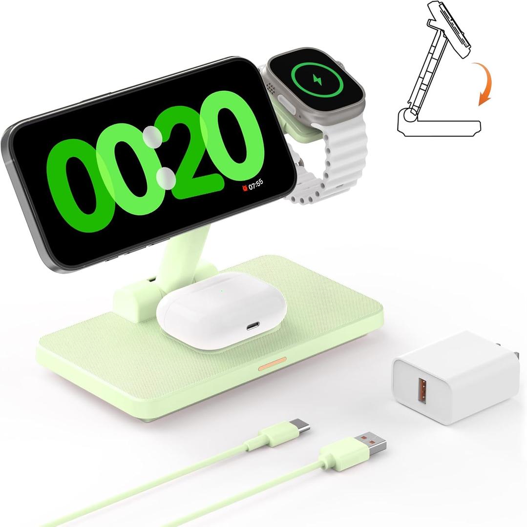 3 in 1 Charging Station for iPhone: Magnetic Wireless Charger Stand Multiple Devices for iPhone 16 15 14 13 12 11 Pro Max & Apple Watch - Foldable Charging Station for Earphones Pro 3 2