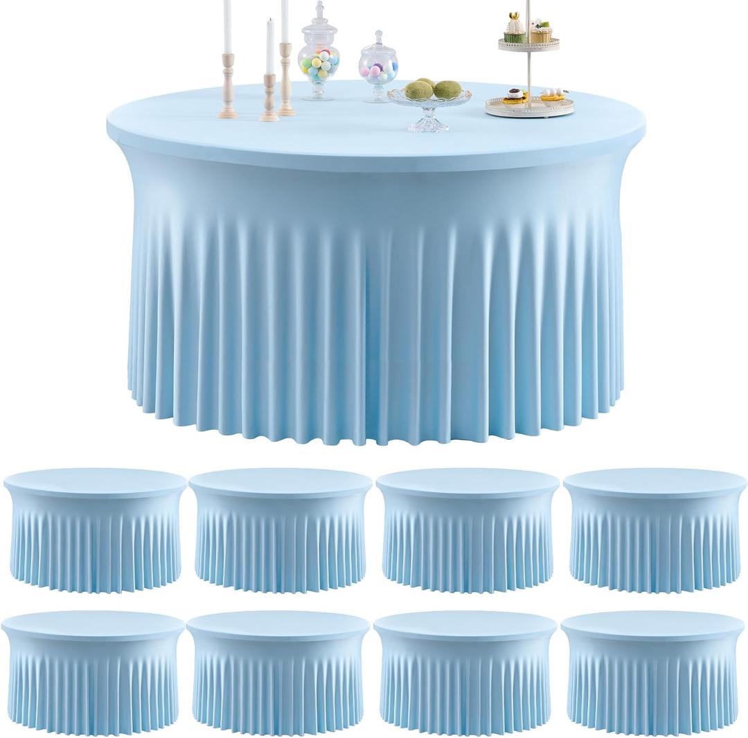 8 Pack Spandex Baby Blue Round Tablecloths for 60in Table, 120inch Stretchy Fitted 5FT Round Table Cloths, Wrinkle Free Table Cover with Skirt for Wedding Birthday Party Baby Shower Banquet