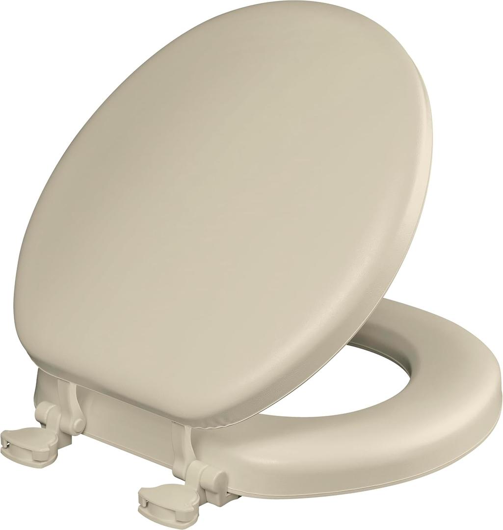 Mayfair Padded Toilet Seat, Cushioned Soft Vinyl over Wood Core Seat, Secure Hinges, Easy Clean, Made in USA, Round, Bone