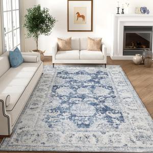 jinchan Fiora Washable Area Rug 8x10 for Living Room Soft Faux Wool Ultra-Thin Stain Resistant Non-Slip Distressed Vintage Floral Large Carpet for Bedroom, Home Office, Nursery(Dark Blue, 8'x10')