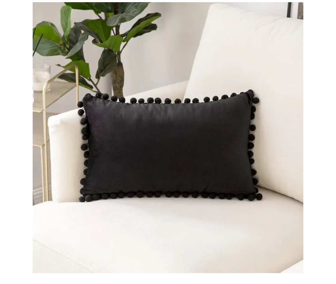 12x20 Throw Pillow Cases 2 Pack Cozy Soft Pom-poms Velvet Rectangular Decorative Pillow Covers for Farmhouse Boho Home Decor (Black)