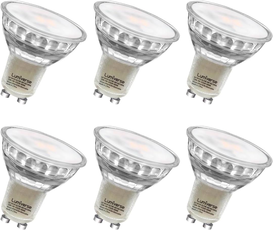 Lumiverse Non-Dimmable GU10 LED Light Bulbs, 4W Bright 5000K Daylight White 35W Halogen Equivalent, 350lm Energy Saver for Track Lighting Fixture, Kitchen, Basement, 15000 Hours Lifespan, 6 Pack