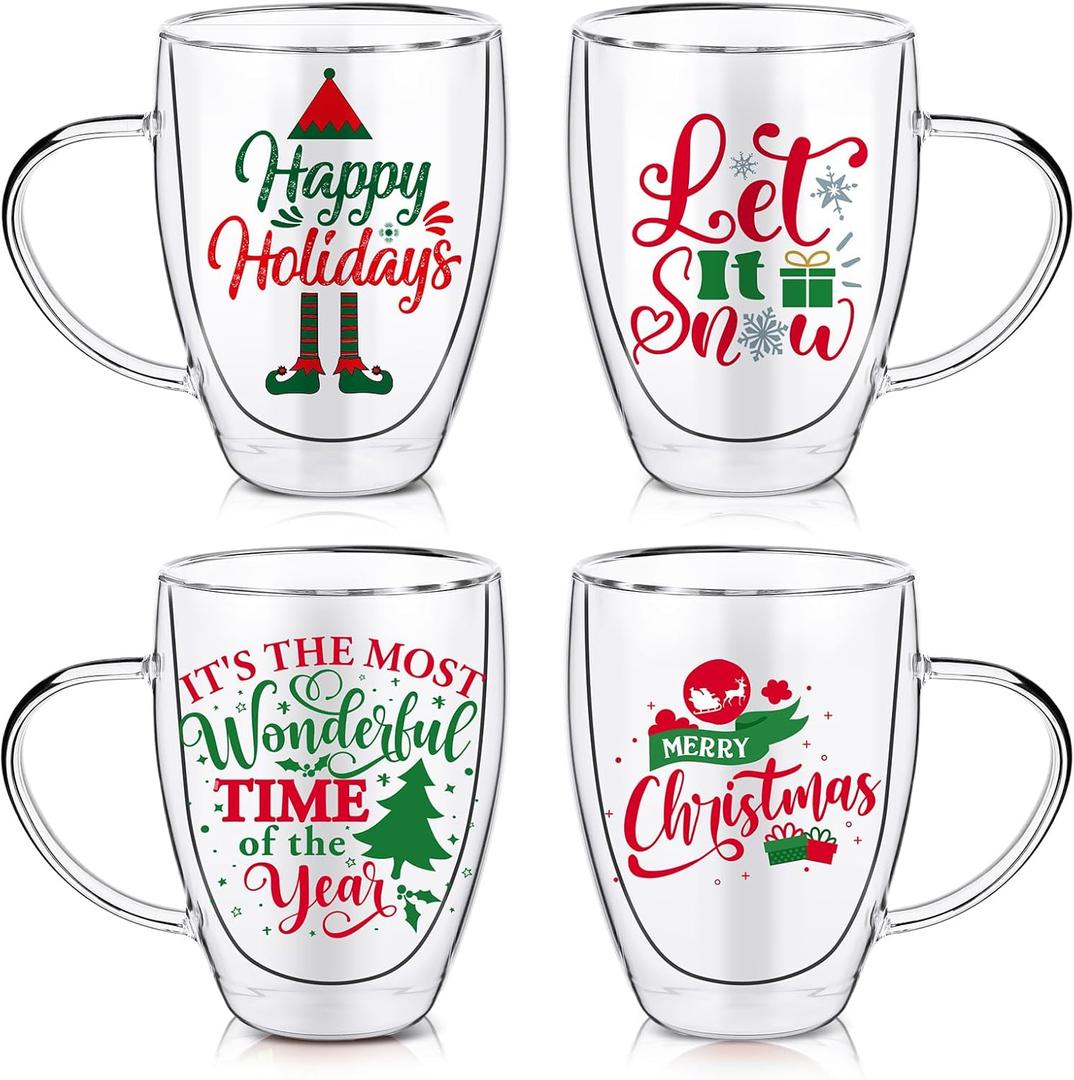 Baderke 4 Pieces Christmas Coffee Mugs 12 oz Double Walled Glass Cups Insulated Cute Espresso Clear Christmas Cup Tea Cup for Family and Friend Xmas Gift Table Centerpieces Decor (Basic)
