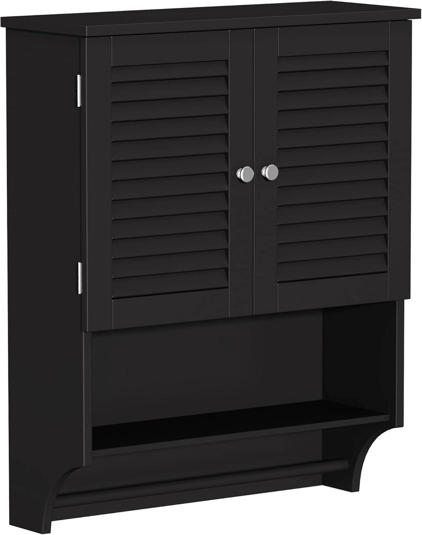 Wall-Mounted Bathroom Cabinet with Adjustable Shelves & Towel Bar  Water-Resistant MDF Storage with Louvered Doors & Open Shelf for Toiletries, Linens, and Towels (Black)