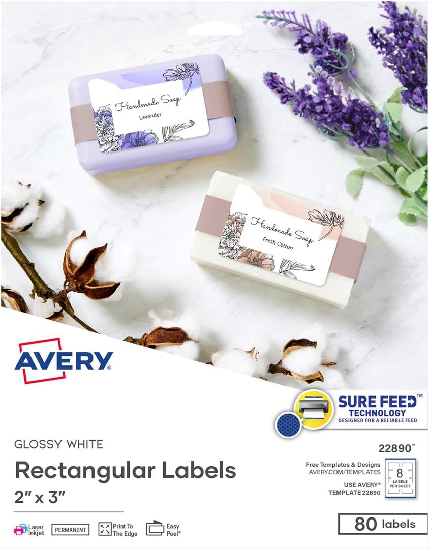 Avery Glossy White Labels, Sure Feed Technology, 2" x 3" Rectangle Labels, Print-to-The-Edge, Laser/Inkjet, 80 Total (22890)