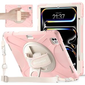 BRAECNstock Case for Apple iPad Pro 13 inch M5 2025 / M4 2024, Shockproof Protective Kids Case with Pencil Holder [360 Rotating Hand Strap + Stand], Shoulder Strap, Sakura Pink