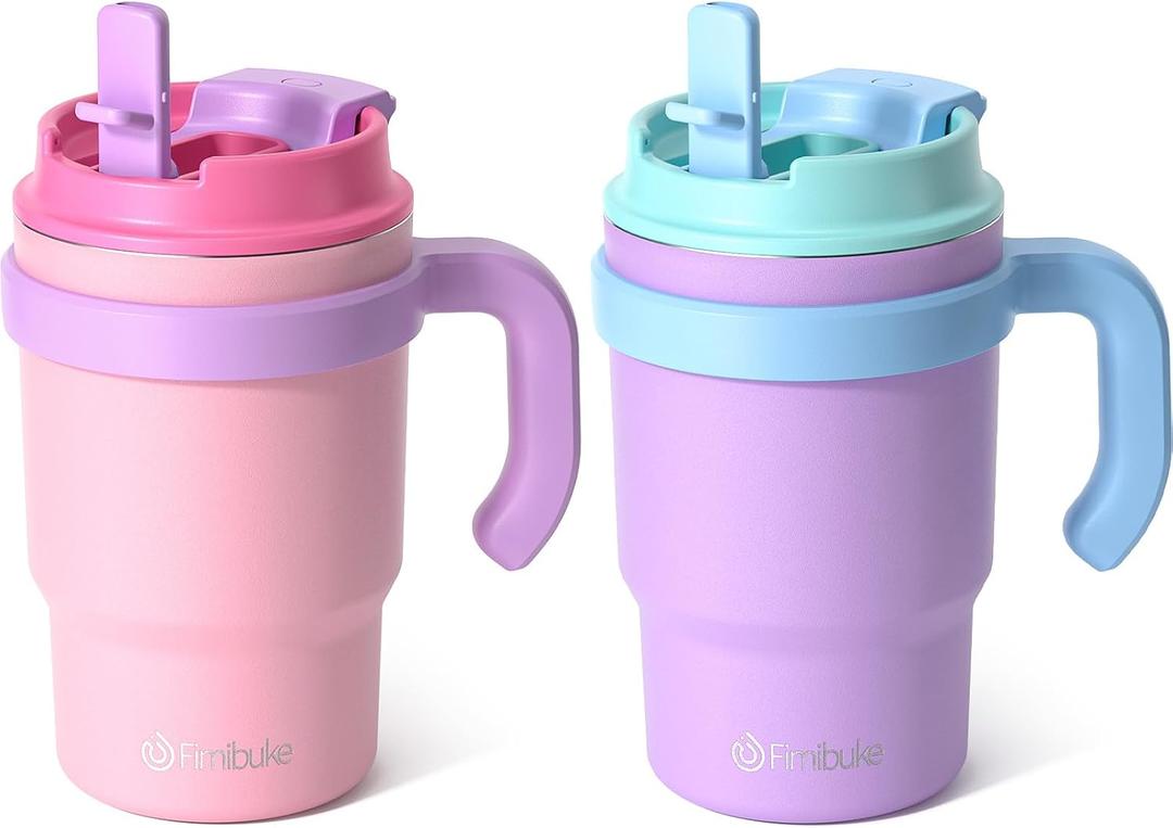 Fimibuke 16oz Kids Insulated Tumbler with Handle & Straws - 2 Pack BPA FREE 18/8 Stainless Steel Toddler Cups with Sip/Swig 2-in-1 Lids, Leak Proof Kid Drinking Cup Travel Mugs for Children Boys Girls (B1.Pink & Purple)