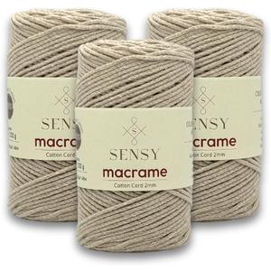 3 Skeins of Sensy Premium 2mm - 160 Yards 100% Recycled Cotton Macrame Cord Crochet Bag Cord Macrame Rope Crochet Thread (Latte)