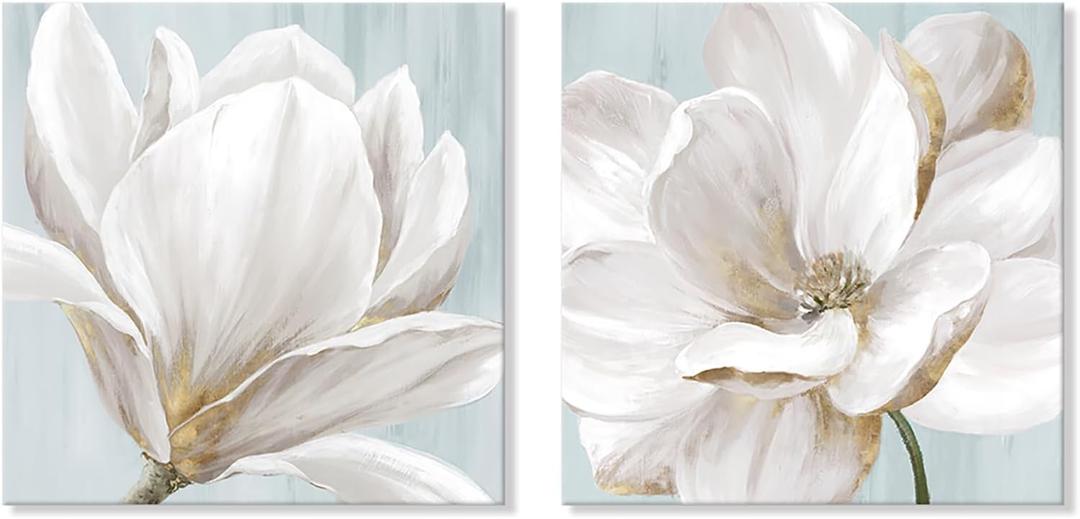 SEVEN WALL ARTS White Magnolia Wall Art Flower Artwork Floral Canvas Paintings Vintage Nature Botanical Painting Farmhouse Artwork Wall Decor for Bedroom Living Room Bathroom Office 24"x 24" x2pcs