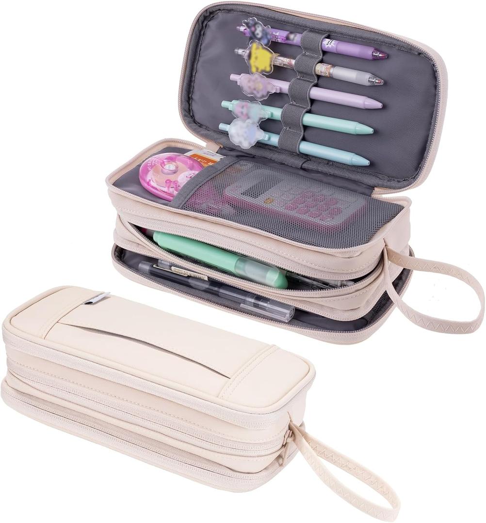 NOL Natural Organic Lifestyle Large Capacity Pencil Case Zipper Pencil Purse 3 Compartment Pencil Pouch Office Stationery Organizer Multi-functional Pencil Bag for School Girl Boy Adults - Cream