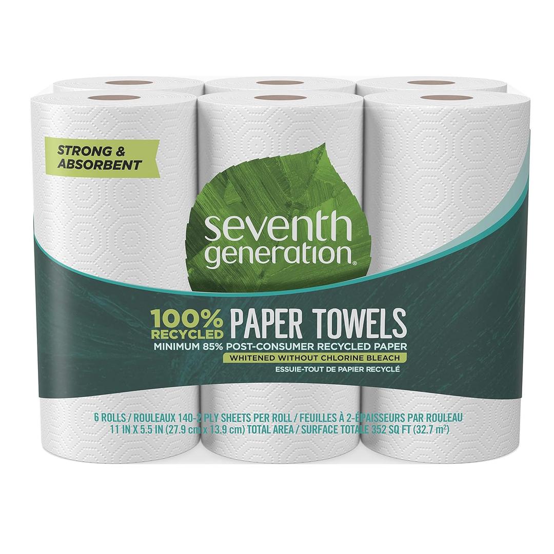 Seventh Generation 100% Recycled Paper Towels, 2 Ply, 140 Sheets, 6 Rolls