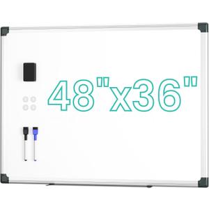 VUSIGN Magnetic Dry Erase Board for Wall, 48" x 36" for Office, Class, Home, Hanging whiteboard with 1 White Board Eraser, 2 Multicolor Marker, 4 Magnetic Pins, Aluminum Frame, Silver