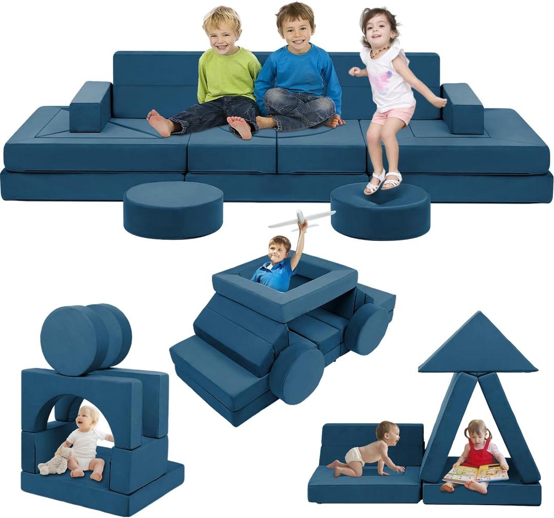 22Pcs Modular Kids Play Couch - Kids Couch for Playroom Bedroom Living Rooms Toddler Sofa for Inspiring Child CreativityChildren Convertible Foam Sofa (Blue)