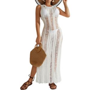 Bsubseach Crochet Cover Up for Women Knit Swimsuit Coverups Hollow Out Sleeveless Swim Coverup Summer Beach Dress (White)
